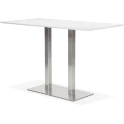 Table haute design blanche avec pied en métal brossé