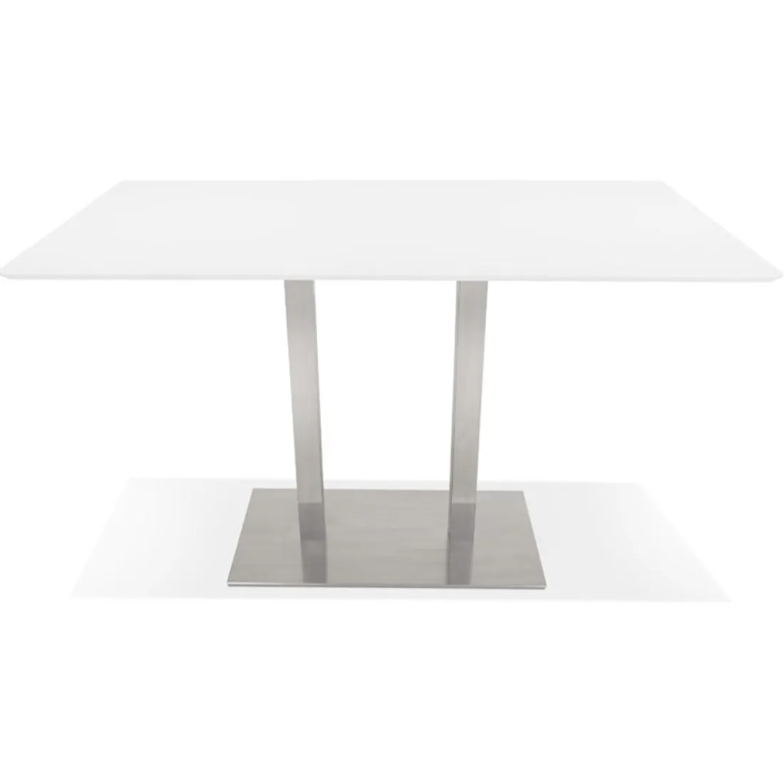 Table haute design blanche avec pied en métal brossé