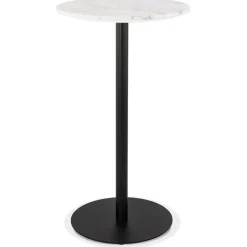 Table haute ronde 'CORY ROUND' en pierre blanche effet marbre et métal noir