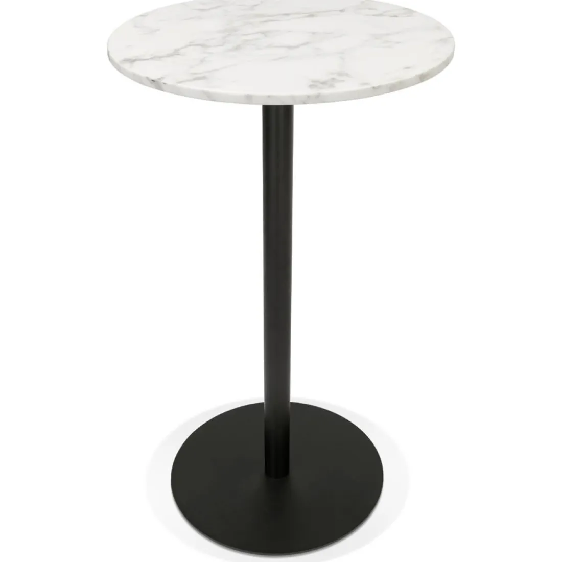 Table haute ronde 'CORY ROUND' en pierre blanche effet marbre et métal noir
