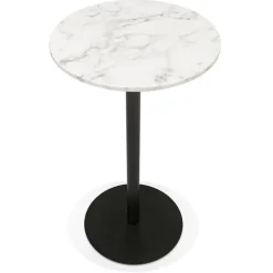 Table haute ronde 'CORY ROUND' en pierre blanche effet marbre et métal noir