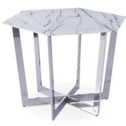 Table hexagonale 120cm Zadig Verre Effet marbre blanc et pied Métal Argent