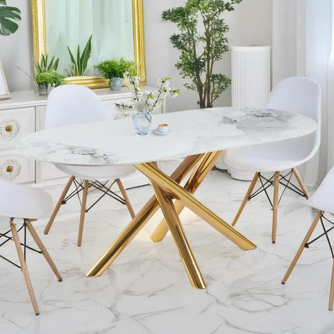 Table ovale Rusking Effet marbre blanc et pieds croisés Métal doré
