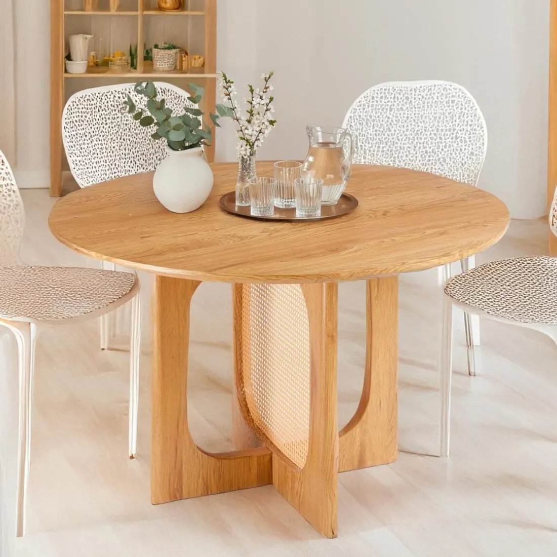 Table ronde avec cannage Bohemia Chêne clair et Rotin