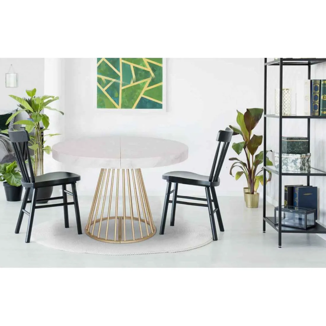 Table Ronde Extensible SORA Effet Marbre Pieds Or