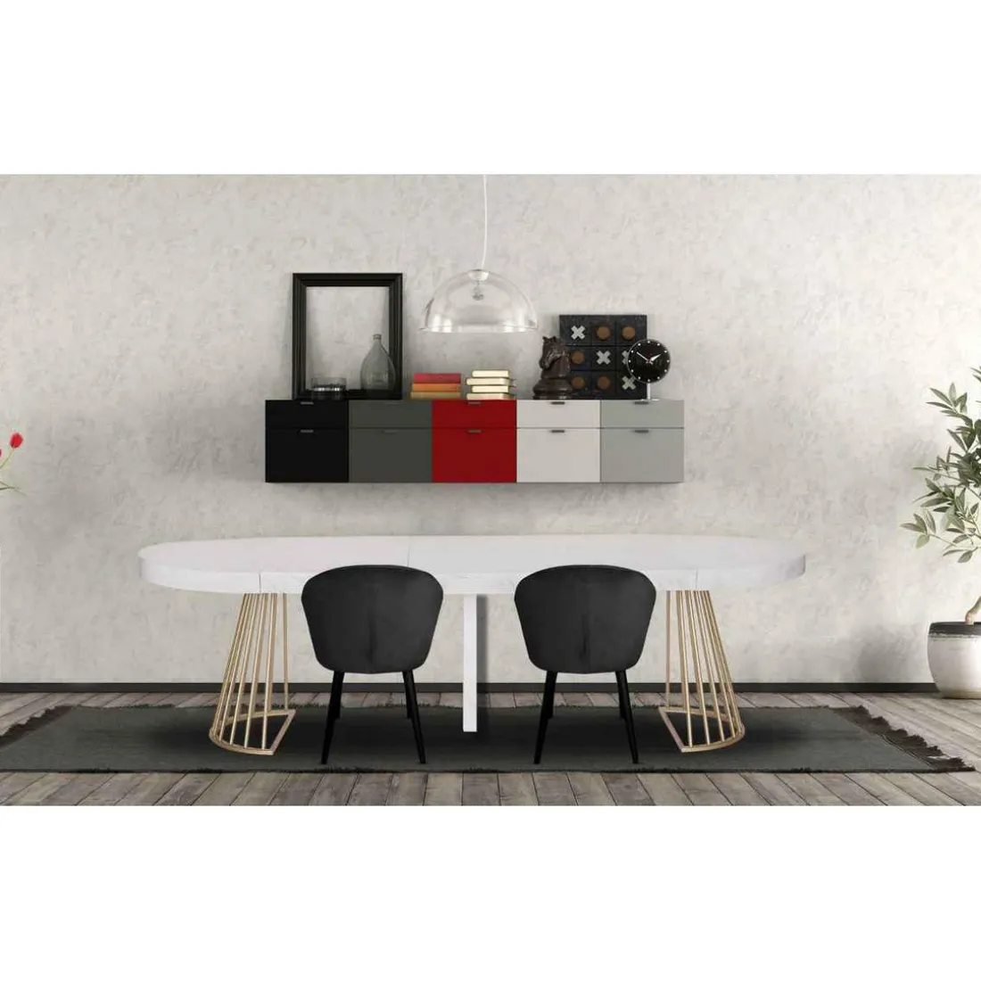 Table Ronde Extensible SORA Effet Marbre Pieds Or