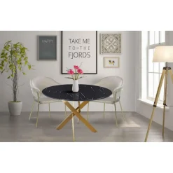 Table Ronde Verre Effet Marbre Noir Et Pieds Or