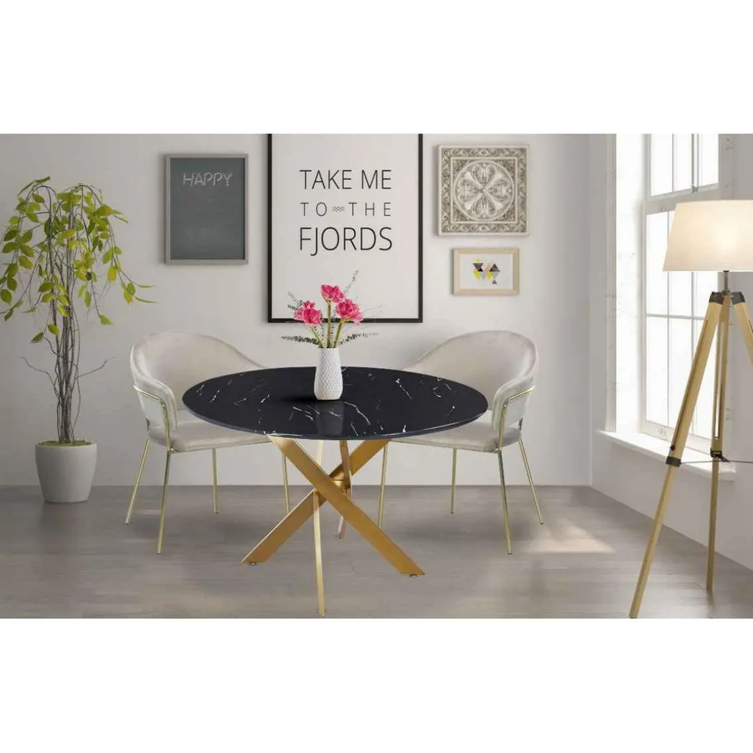 Table Ronde Verre Effet Marbre Noir Et Pieds Or