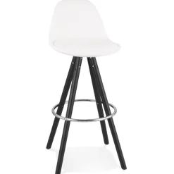 Tabouret de bar 'FLORENCE' en tissu bouloché blanc et 4 pieds en bois noir