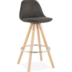 Tabouret snack mi-hauteur 'MARKA MINI' en microfibre grise et pieds en bois naturel