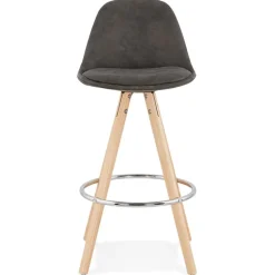 Tabouret snack mi-hauteur 'MARKA MINI' en microfibre grise et pieds en bois naturel