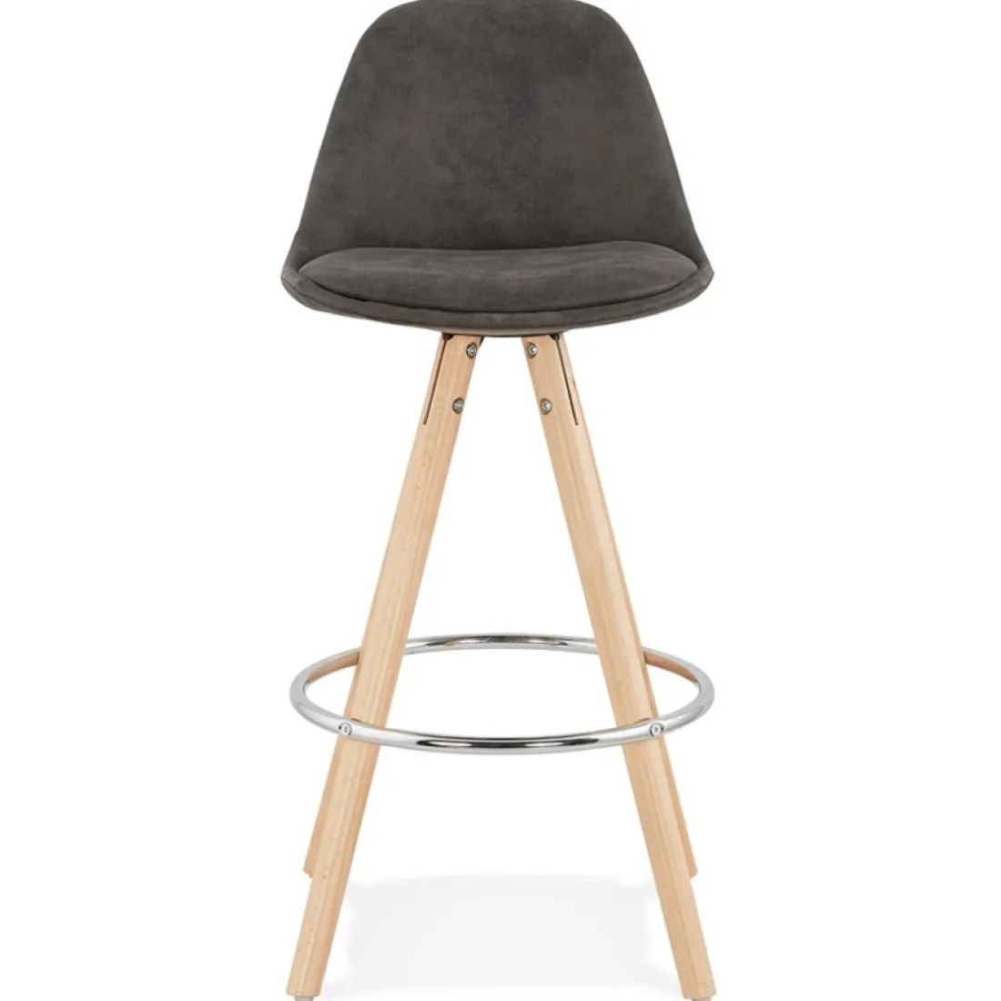 Tabouret snack mi-hauteur 'MARKA MINI' en microfibre grise et pieds en bois naturel