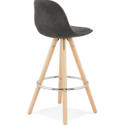 Tabouret snack mi-hauteur 'MARKA MINI' en microfibre grise et pieds en bois naturel