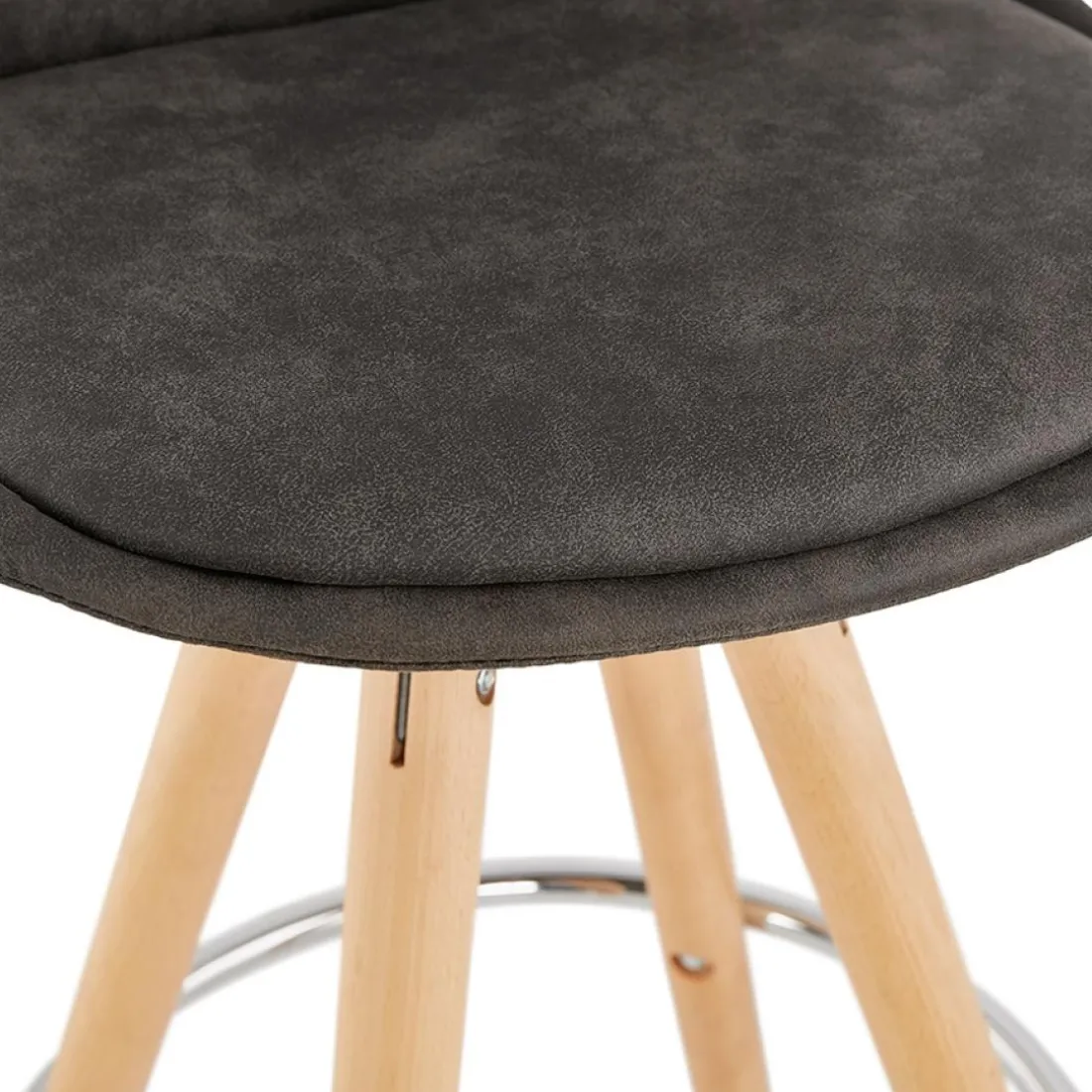 Tabouret snack mi-hauteur 'MARKA MINI' en microfibre grise et pieds en bois naturel
