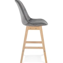 Tabouret snack mi-hauteur 'MORISS MINI' en velours gris et pieds en bois naturel