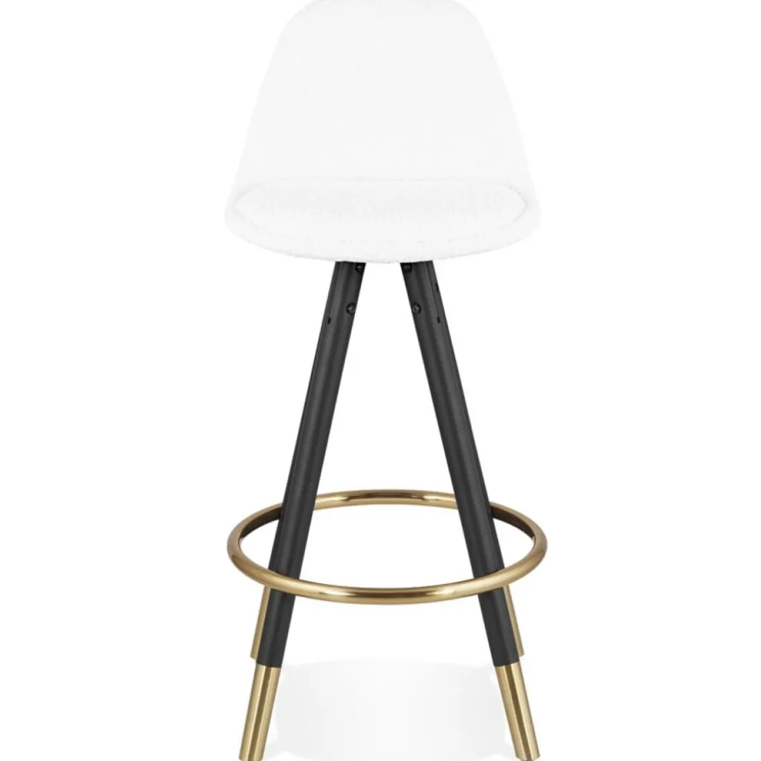 Tabouret snack mi-hauteur 'CLARISSE MINI' en tissu bouloché blanc et 4 pieds en bois noir