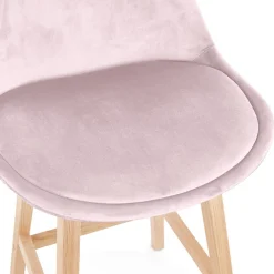 Tabouret snack mi-hauteur 'MORISS MINI' en velours rose et pieds en bois naturel