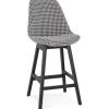 Tabouret snack mi-hauteur 'MORISS MINI' en tissu pied de poule et pieds en bois noir