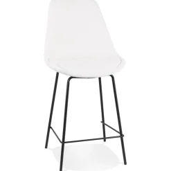 Tabouret snack mi-hauteur 'LEONIE MINI' en tissu bouloché blanc et pied en métal noir
