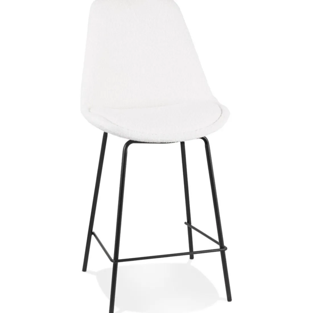 Tabouret snack mi-hauteur 'LEONIE MINI' en tissu bouloché blanc et pied en métal noir