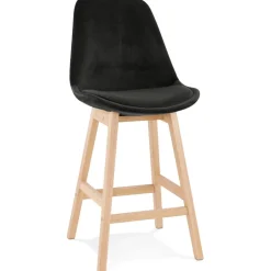Tabouret snack mi-hauteur 'MORISS MINI' en velours noir et pieds en bois naturel