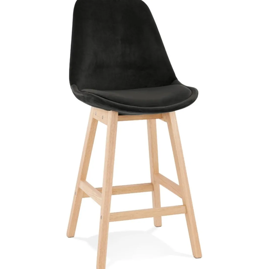 Tabouret snack mi-hauteur 'MORISS MINI' en velours noir et pieds en bois naturel
