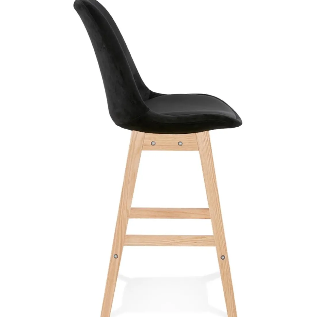 Tabouret snack mi-hauteur 'MORISS MINI' en velours noir et pieds en bois naturel