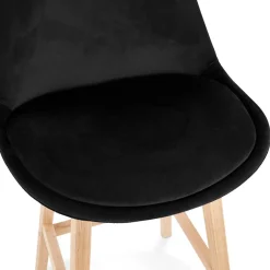 Tabouret snack mi-hauteur 'MORISS MINI' en velours noir et pieds en bois naturel