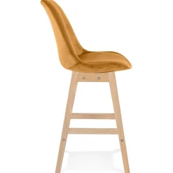 Tabouret snack mi-hauteur 'MORISS MINI' en velours moutarde et pieds en bois naturel