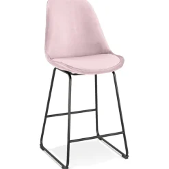 Tabouret snack mi-hauteur 'BULLY MINI' en velours rose et pieds en métal noir