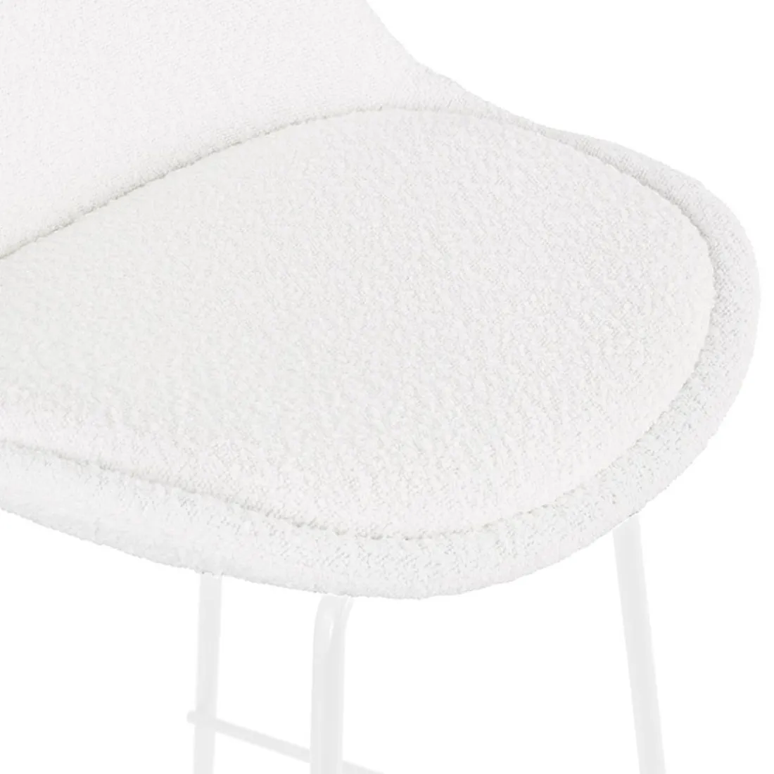 Tabouret snack mi-hauteur 'LEONIE MINI' en tissu bouloché blanc et pied en métal blanc