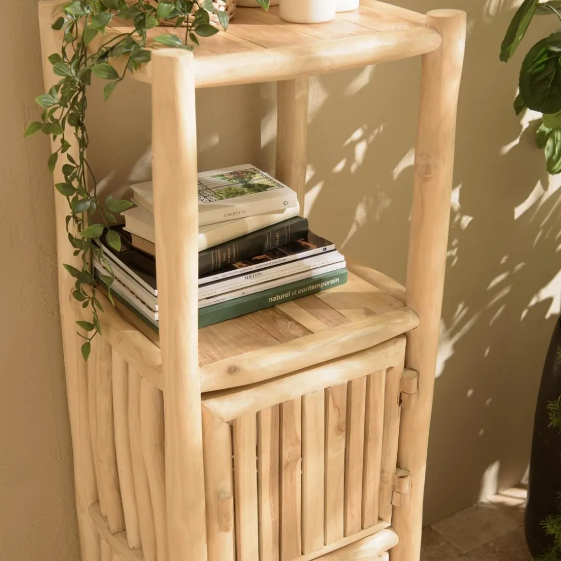 Étagère 1 niveau et 2 portes en branches de teck naturel WILL Beige