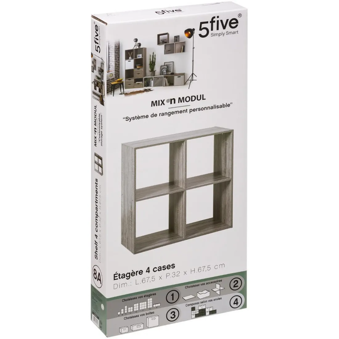 Étagère bois 4 cases mix gris